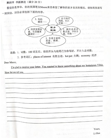 2023年四川宜宾中考英语作文题目：家乡宜宾